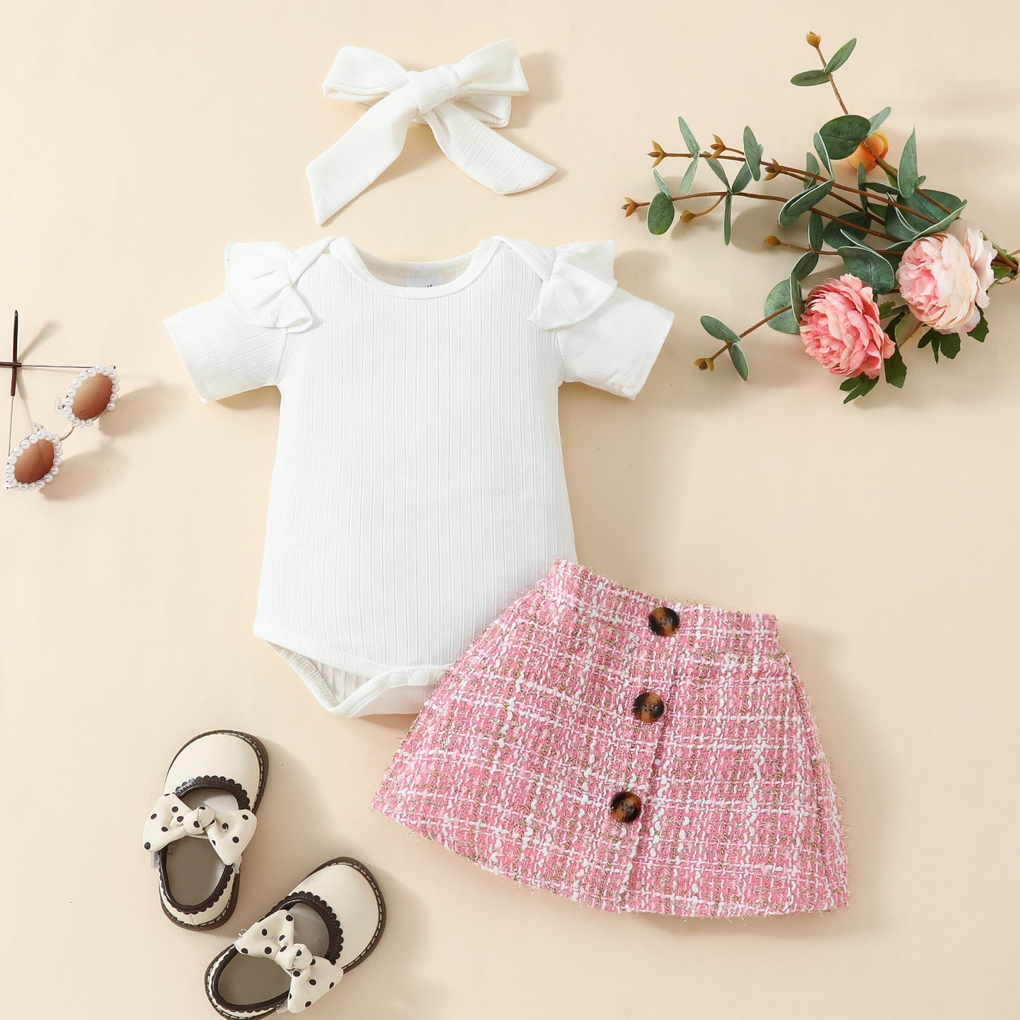 Fashion baby short-sleeved top skirt suit 0-1Y baby girl solid color triangle romper gold silk skirt
