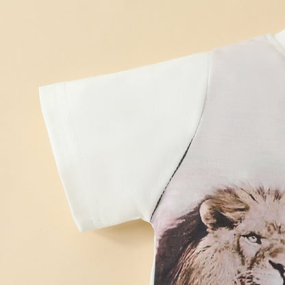 Summer children's short-sleeved T-shirt for boys with letters, cartoon bear and lion, one-piece top, cotton round neck, white short T