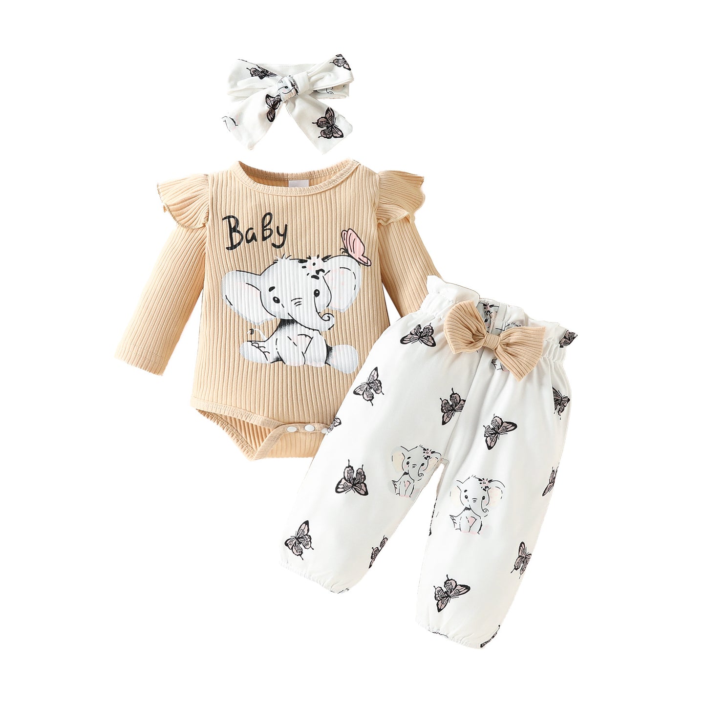 Infant elephant letter long-sleeved triangle romper with bowknot trousers spring and autumn top butterfly elephant trousers