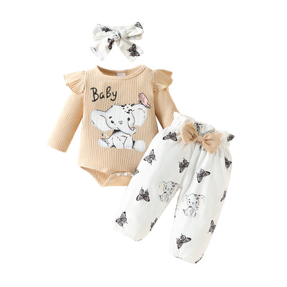 Infant elephant letter long-sleeved triangle romper with bowknot trousers spring and autumn top butterfly elephant trousers