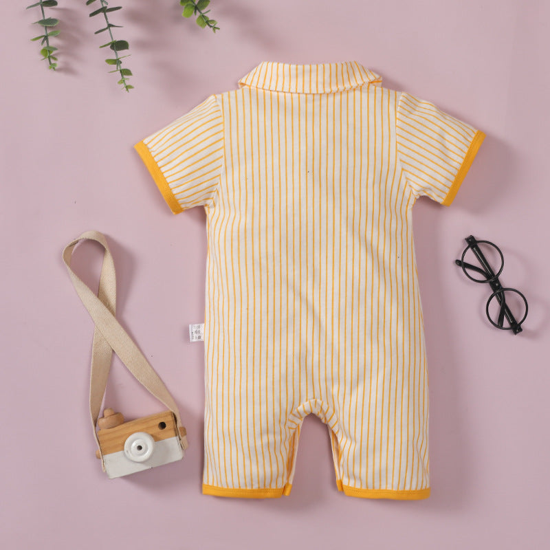 Bow tie gentleman lapel smiley face striped romper short sleeve jumpsuit