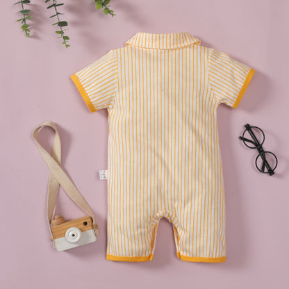 Bow tie gentleman lapel smiley face striped romper short sleeve jumpsuit