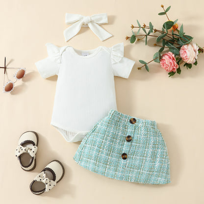 Fashion baby short-sleeved top skirt suit 0-1Y baby girl solid color triangle romper gold silk skirt