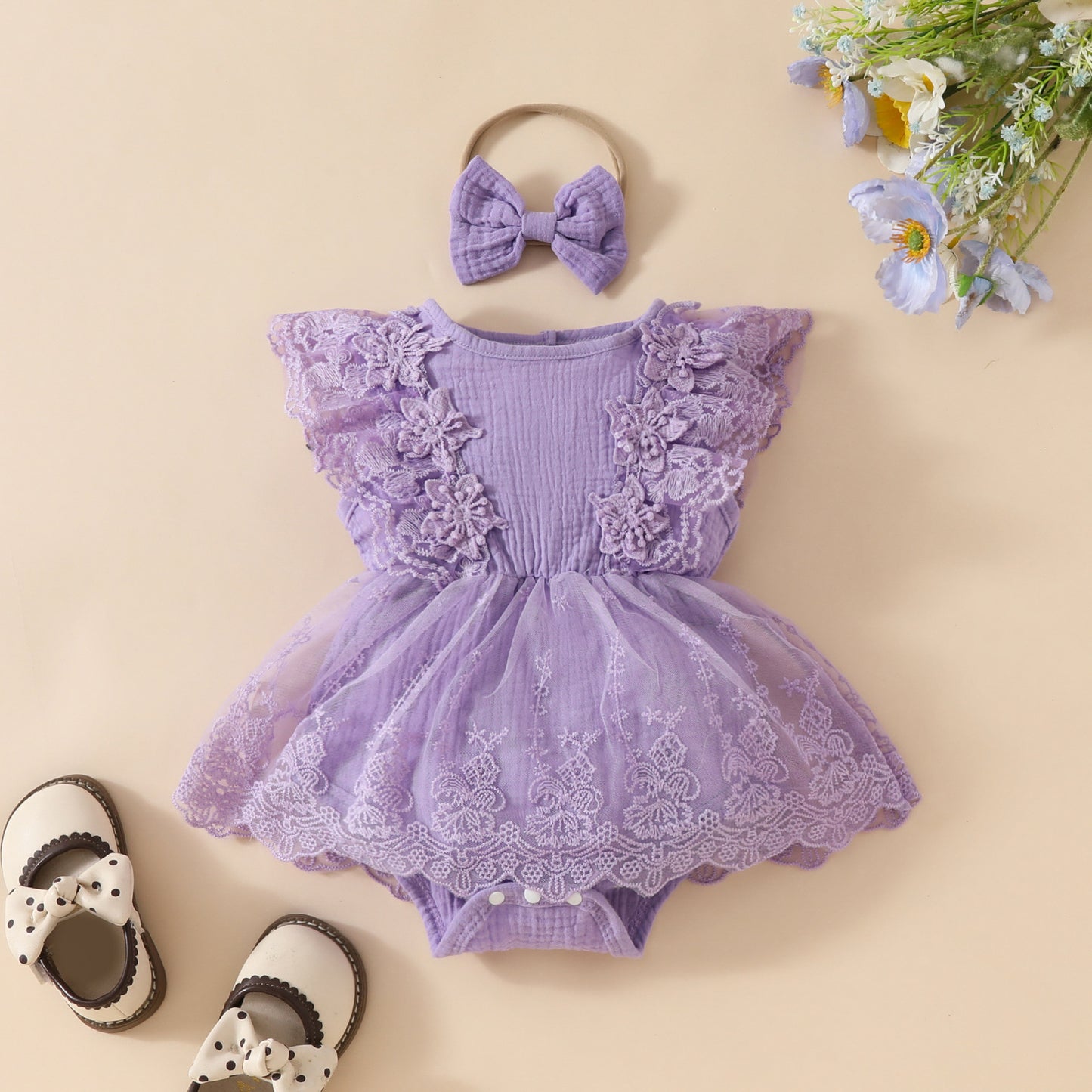 Baby Girl Sweet Sleeveless Lace Triangle Romper Mesh Skirt Newborn Lace Flower Cover-up Dress