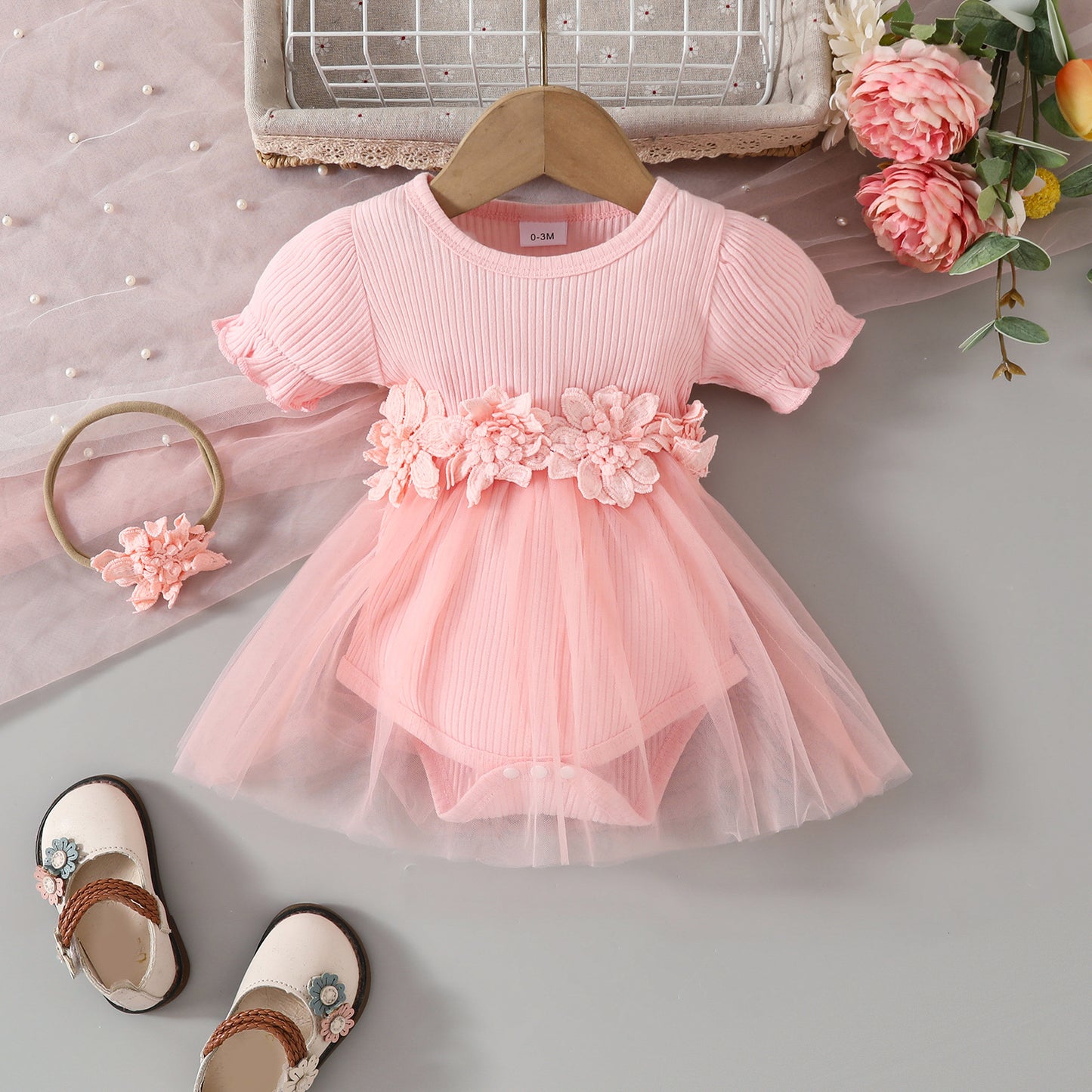 Sweet baby girl lantern short-sleeved ribbed triangle romper mesh skirt candy color girl flower dress