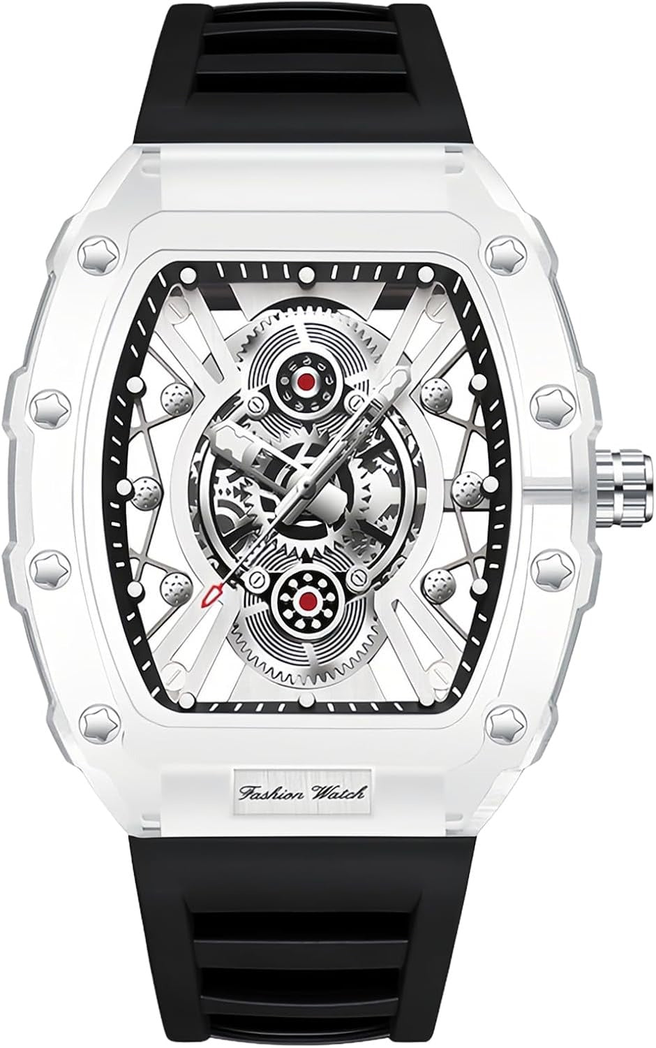 Fashion Hollowed Men Watches Tonneau Transparent Analog Display Silicone Strap Calendar Quartz Waterproof Trend Male Wrist Watch