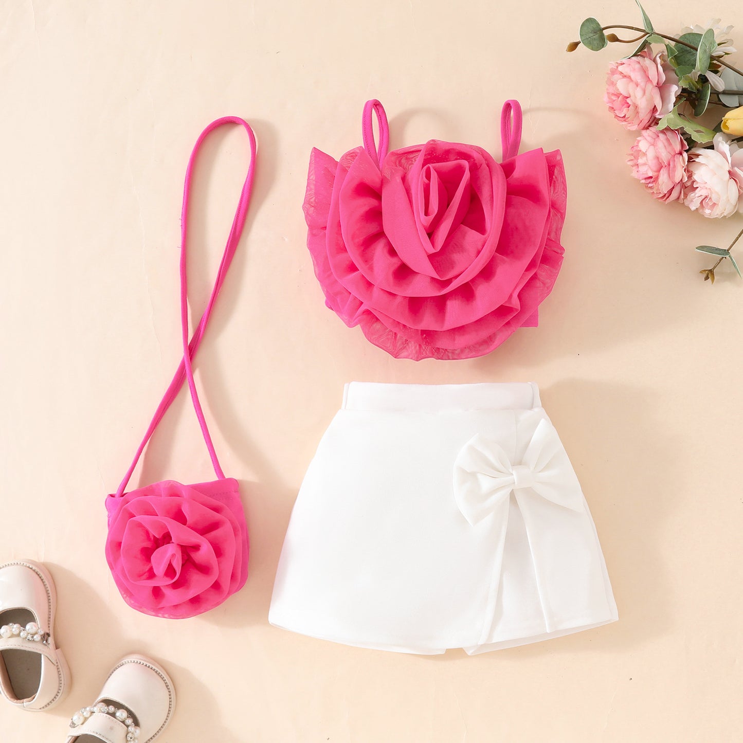 Baby Girls Mesh Flower Short Suspender Top + Fake Split Shorts Skirt + Small Bag Summer Set