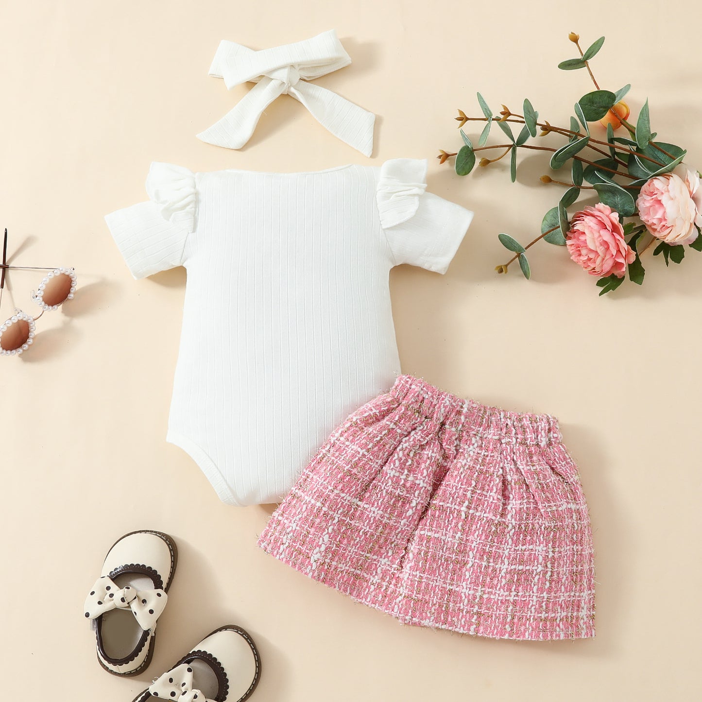 Fashion baby short-sleeved top skirt suit 0-1Y baby girl solid color triangle romper gold silk skirt