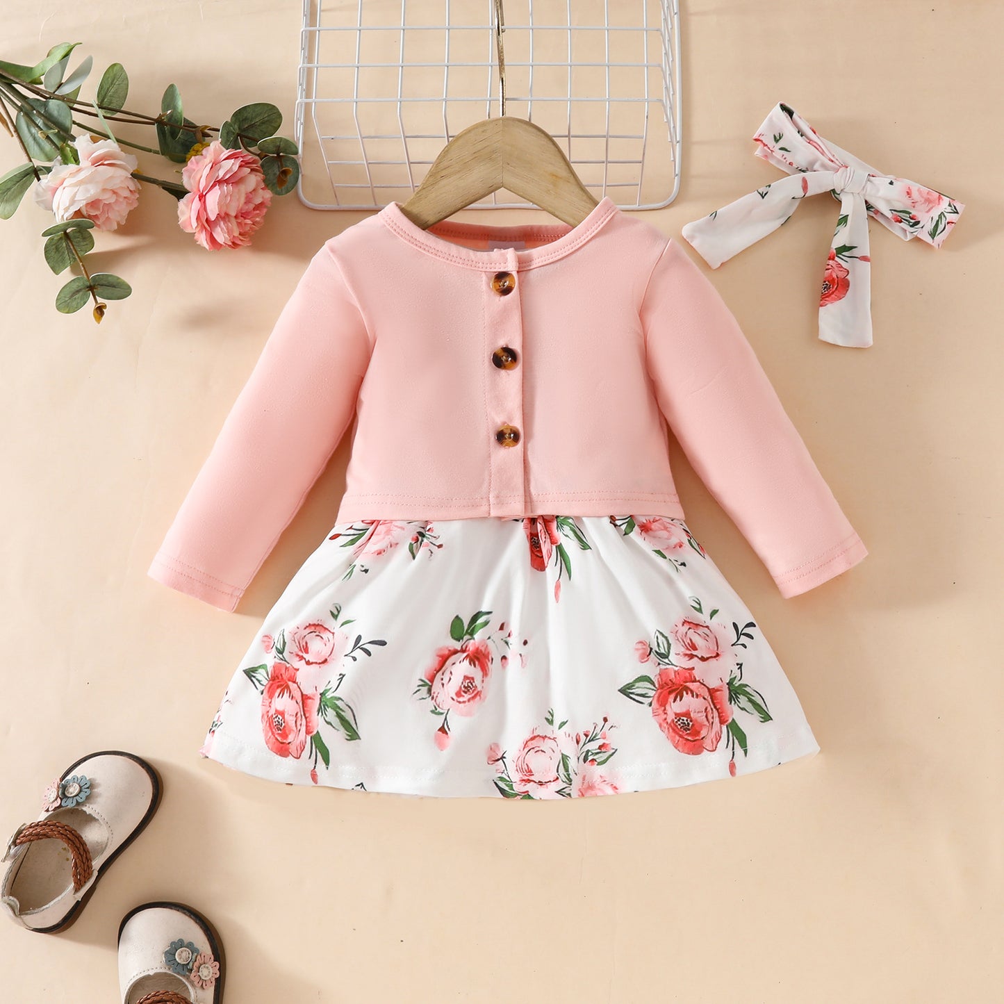 Toddler Girl Long Sleeve Jacket Sleeveless Dress Set 0-3 Years Old Floral Butterfly Sleeveless Dress + Jacket Two-piece Set