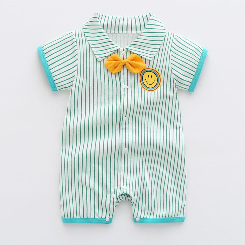 Bow tie gentleman lapel smiley face striped romper short sleeve jumpsuit