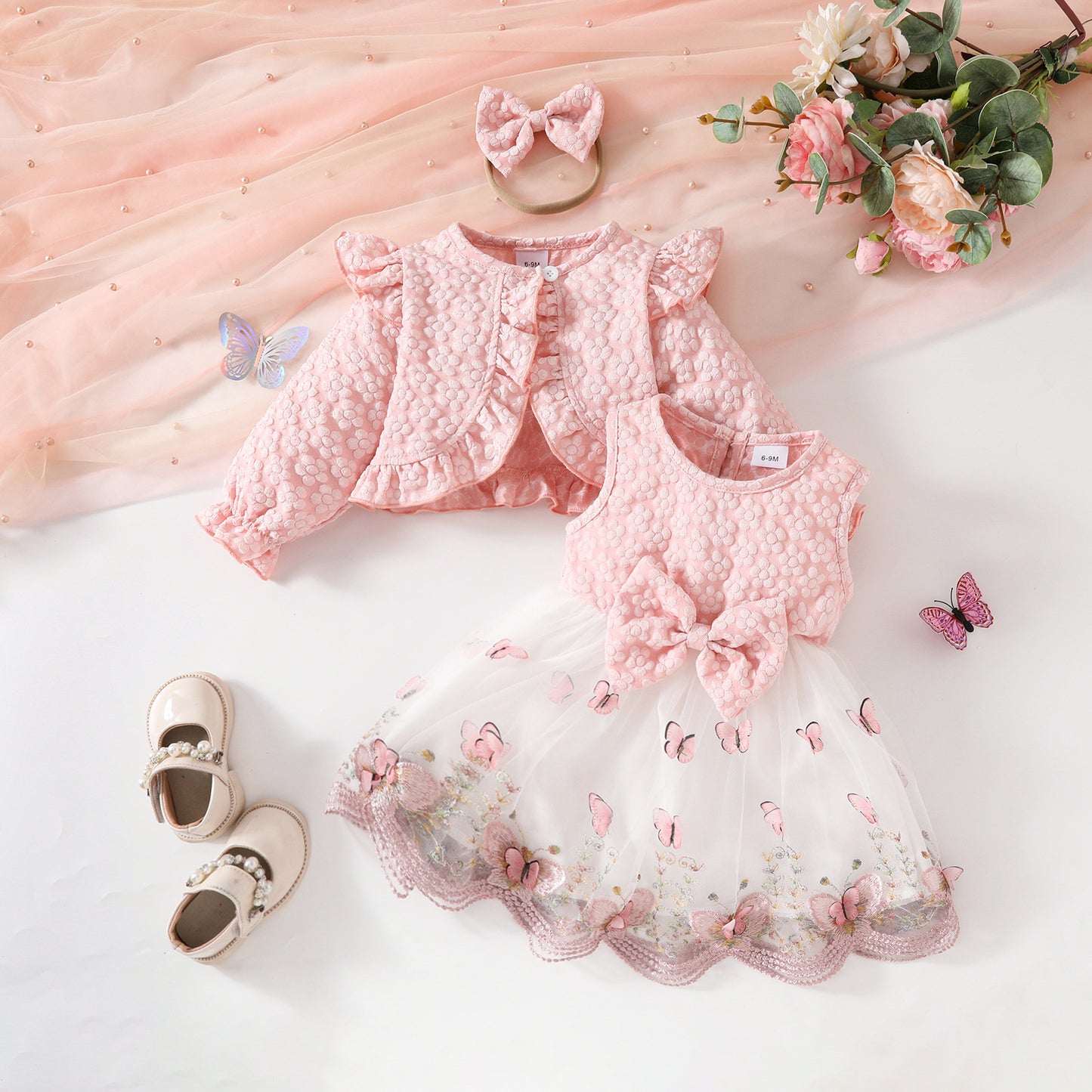 Sweet Girls Long Sleeve Short Jacket Sleeveless Butterfly Shape Lace Mesh Dress Autumn and Winter Dress Set