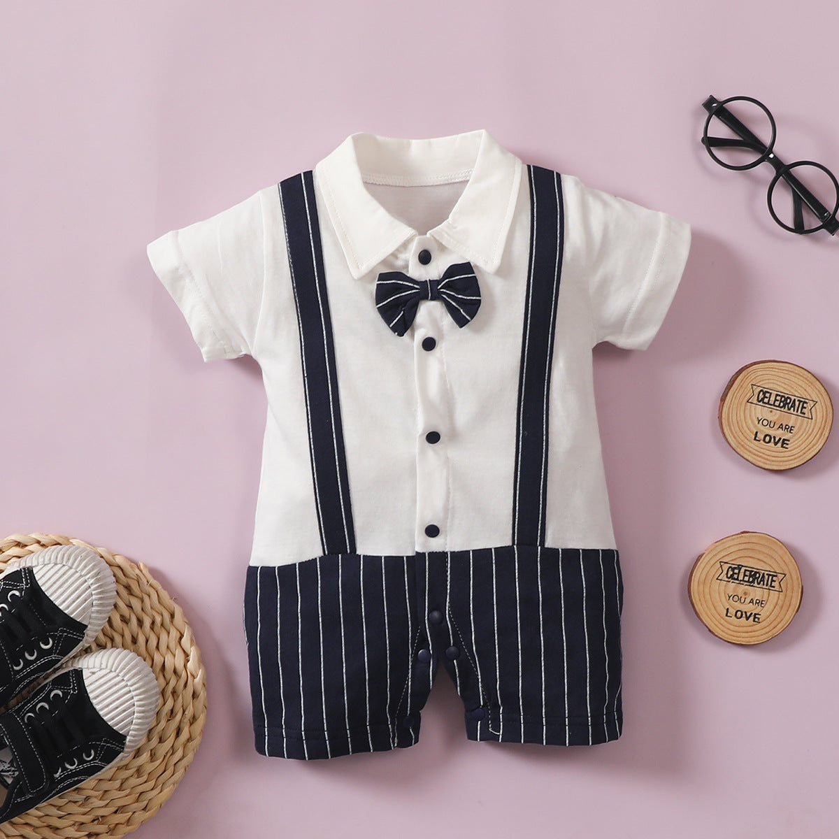 Infant Boys Bow Tie Lapel Splicing Romper Short Sleeve One-Piece Suit