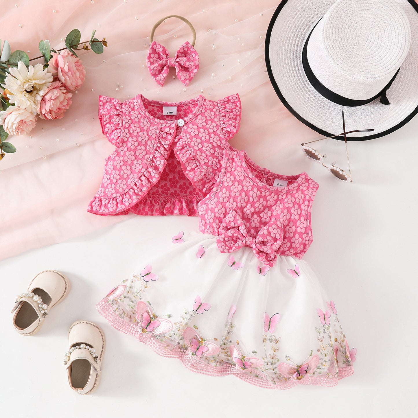 Summer sweet girl sleeveless short coat + vest butterfly mesh dress casual suit