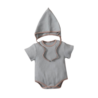 Detachable hood short-sleeved solid color triangle jumpsuit romper suit