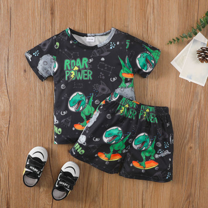 Toddler boy's dinosaur cartoon print letter short-sleeved pullover shorts suit