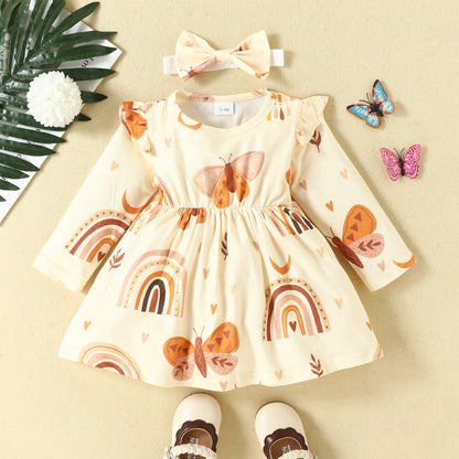 0-2 years old baby giraffe print dress flying sleeves long sleeves casual dress bow headband