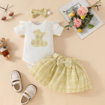 Baby short-sleeved skirt suit for girls with embroidered cute bear romper with gold silk skirt