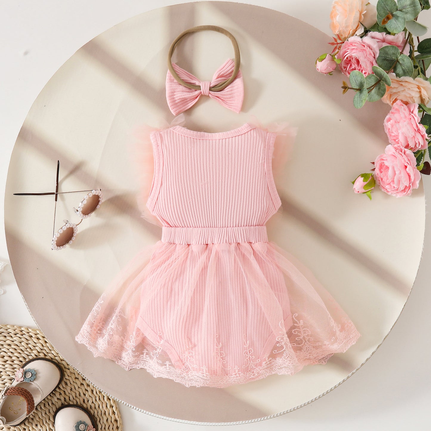 Summer baby mesh one-piece triangle romper dress sweet style baby girl bow sleeveless one-piece dress headband