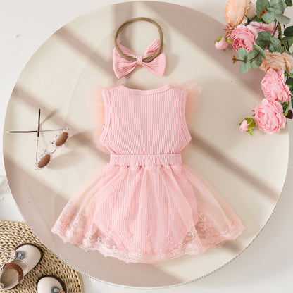 Summer baby mesh one-piece triangle romper dress sweet style baby girl bow sleeveless one-piece dress headband