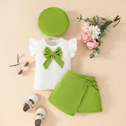 Summer Fashion Toddler Girls Big Bow Beret Sleeveless Top Tie Skirt Three-piece Set