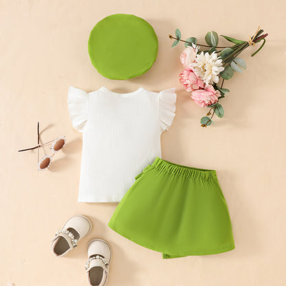 Toddler Girl Sleeveless Ruffled Big Bow White Ribbed Top Decorated Lace-up Skirt Set
