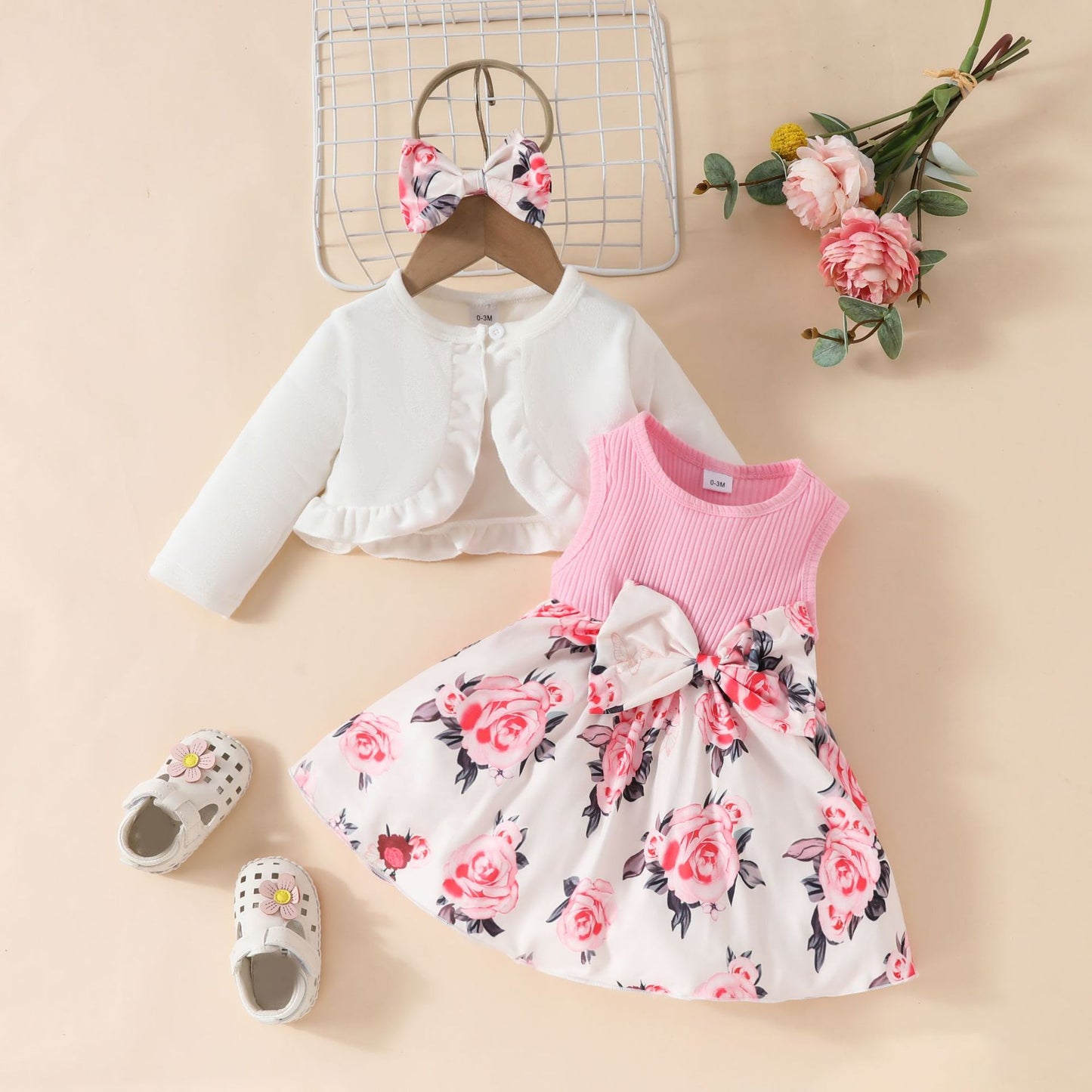 Baby Girls Autumn and Winter Long Sleeve Coat + Dress Set 0-3 Years Old Girls Plush Coat Vest Skirt