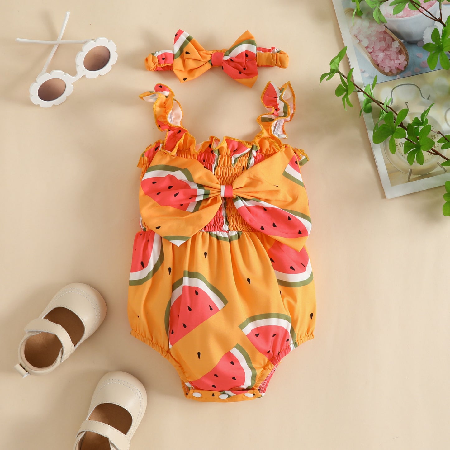 Summer baby watermelon double shoulder strap triangle romper baby bow fruit crawling clothes sleeveless fart clothes