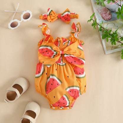 Summer baby watermelon double shoulder strap triangle romper baby bow fruit crawling clothes sleeveless fart clothes