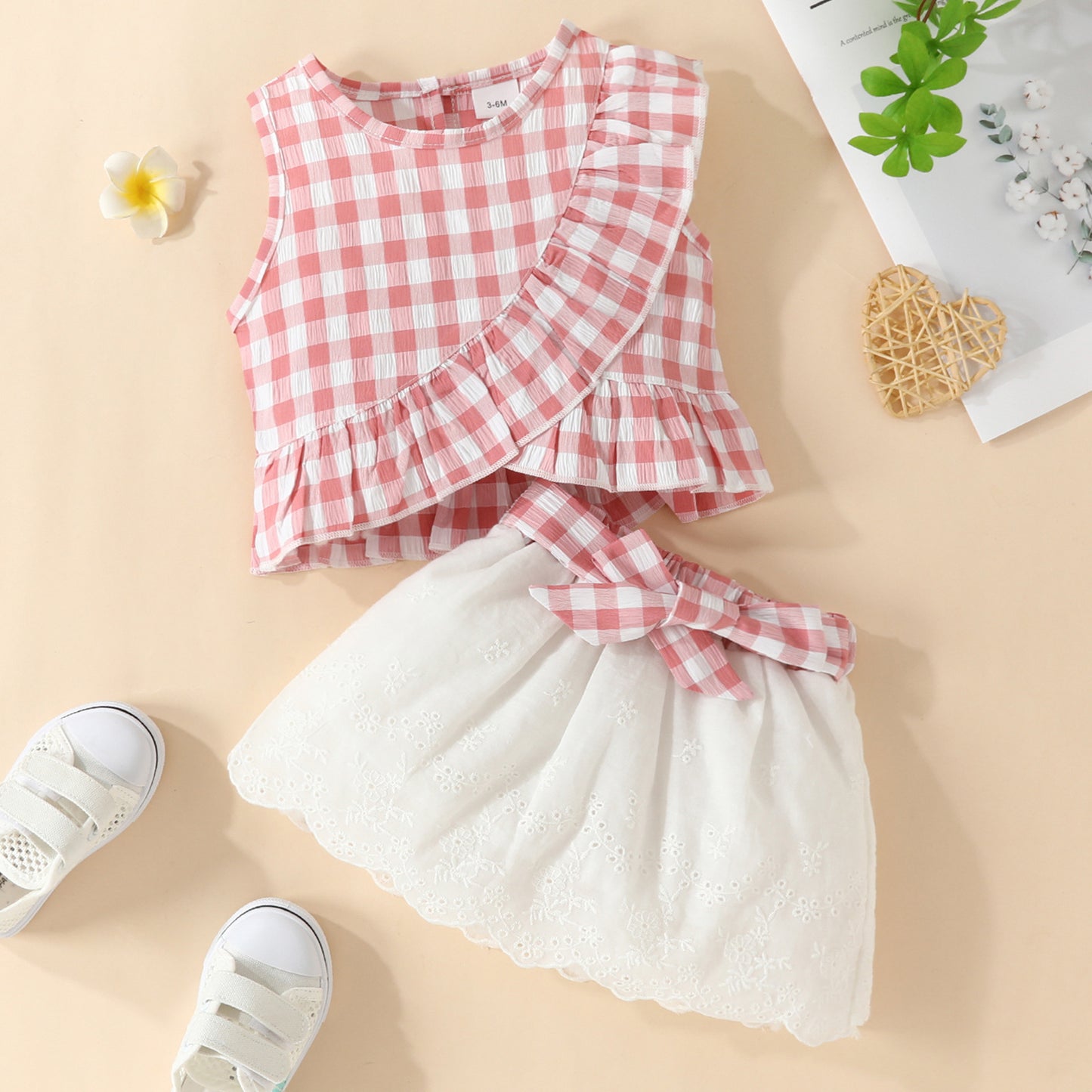Baby Sleeveless Ruffle Plaid Top Bow Embroidered Skirt Suit Girls