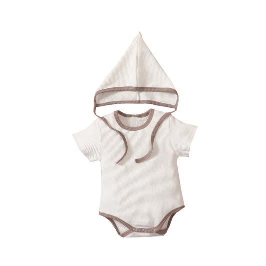 Detachable hood short-sleeved solid color triangle jumpsuit romper suit
