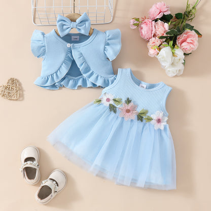 Toddler Girls Sleeveless Cropped Top Mesh Dress Set Sweet Girls Applique Skirt Lace Jacket