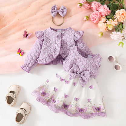Sweet Girls Long Sleeve Short Jacket Sleeveless Butterfly Shape Lace Mesh Dress Autumn and Winter Dress Set
