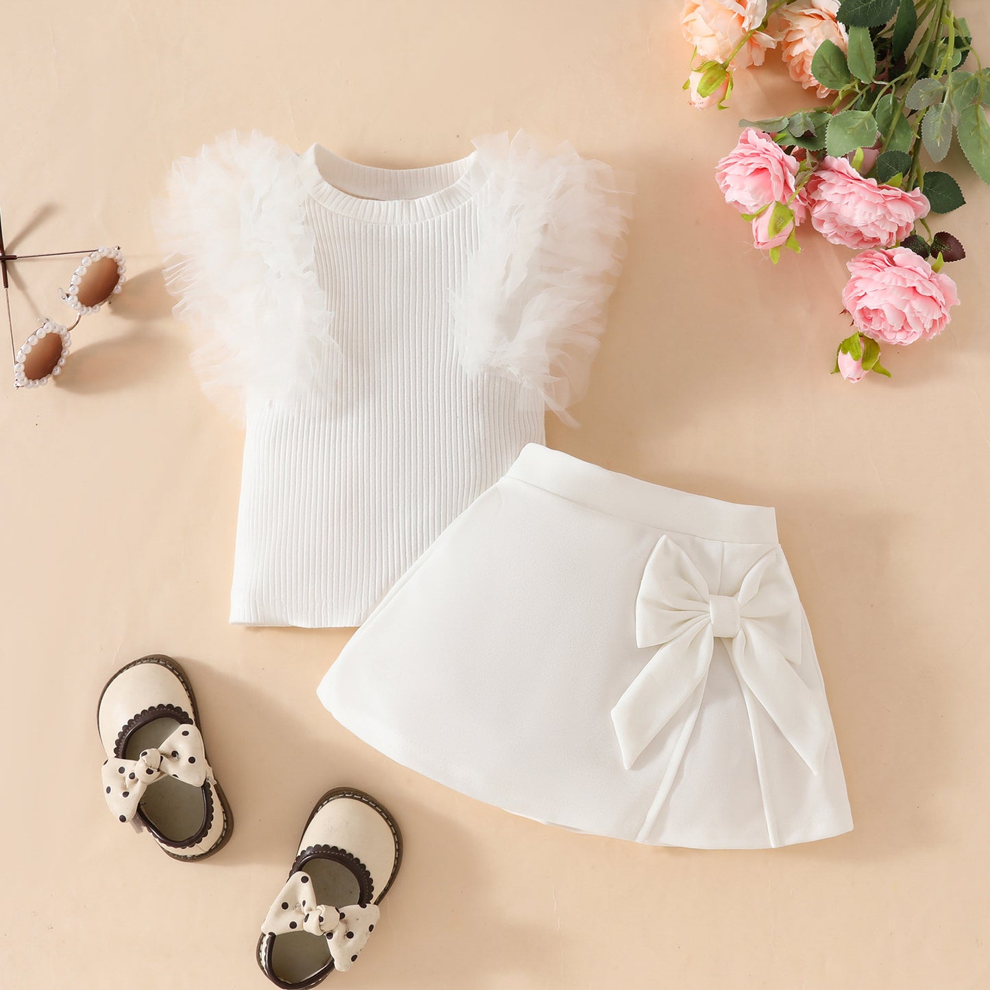 Girls baby sweet summer mesh striped sleeveless top solid color bow skirt suit