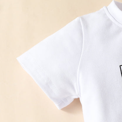 Summer children's short-sleeved T-shirt for boys with letters, cartoon bear and lion, one-piece top, cotton round neck, white short T