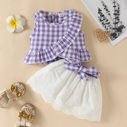Baby Sleeveless Ruffle Plaid Top Bow Embroidered Skirt Suit Girls
