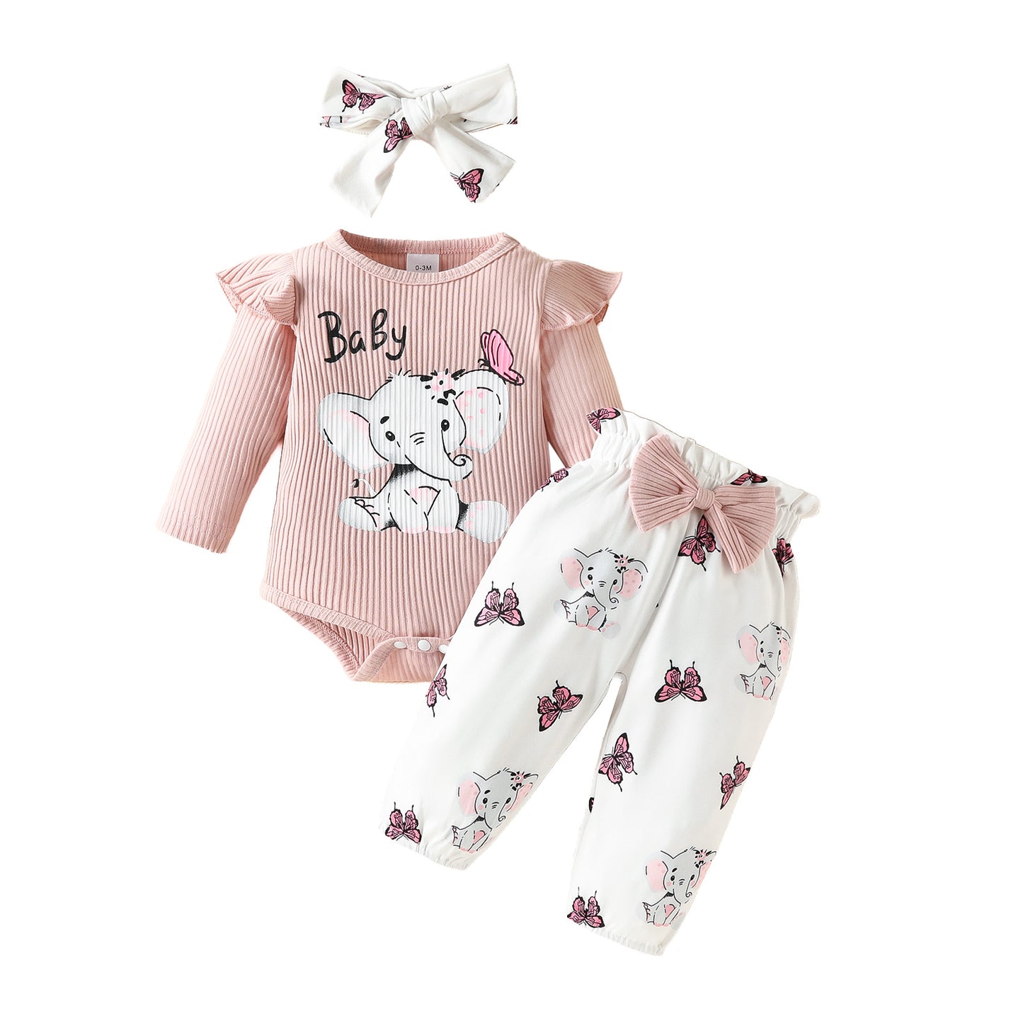 Infant elephant letter long-sleeved triangle romper with bowknot trousers spring and autumn top butterfly elephant trousers