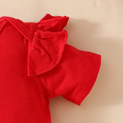 Sweet and cute cartoon bear love baby girl solid color short-sleeved top suspender skirt hairband summer skirt suit