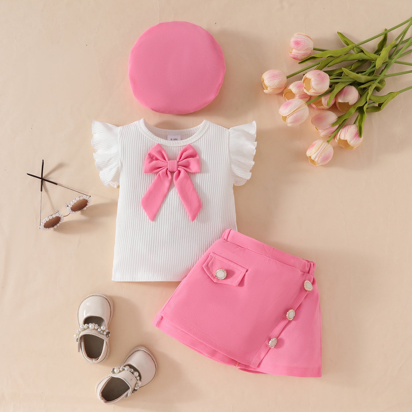 Toddler Girl Sleeveless Ruffled Big Bowknot Ribbed Top Fake Purse Skirt Pants Hat Set