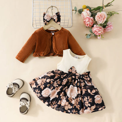 Baby Girls Autumn and Winter Long Sleeve Coat + Dress Set 0-3 Years Old Girls Plush Coat Vest Skirt