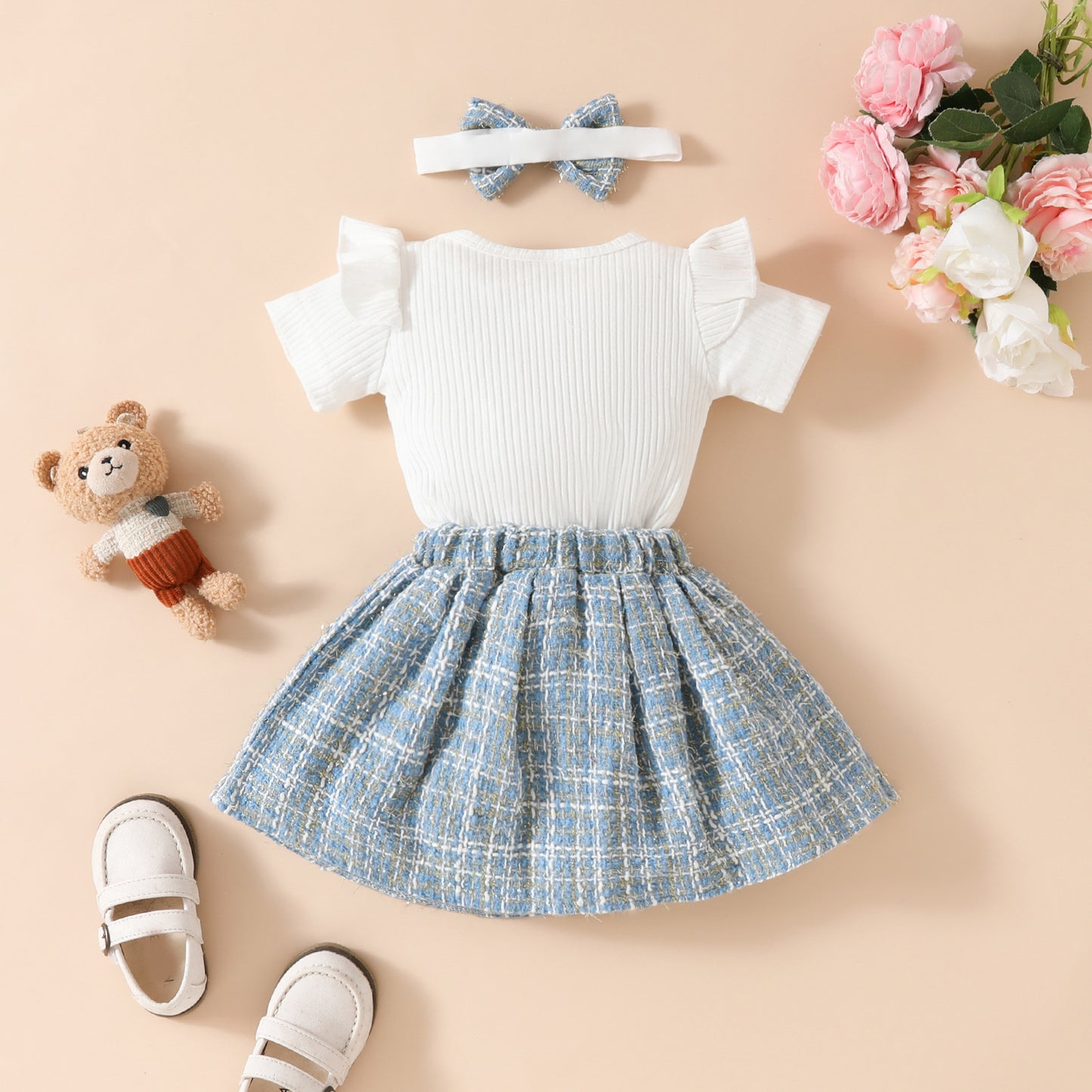 cute bear romper with gold silk skirt Baby short-sleeved skirt suit for girls with embroidered