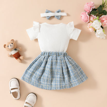 cute bear romper with gold silk skirt Baby short-sleeved skirt suit for girls with embroidered