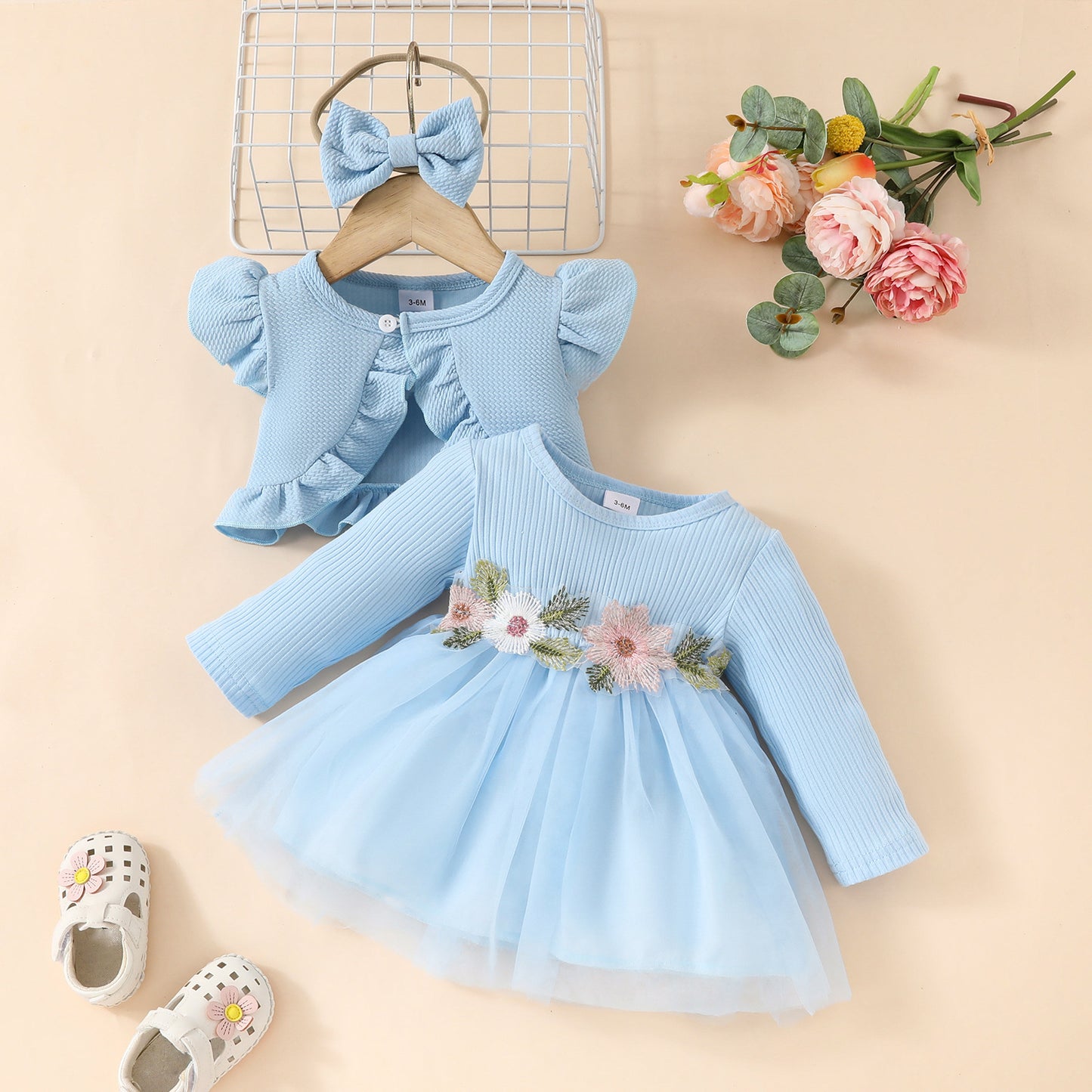 Toddler Girls Dress Set Sleeveless Ruffle Short Jacket + Long Sleeve Mesh Applique Dress