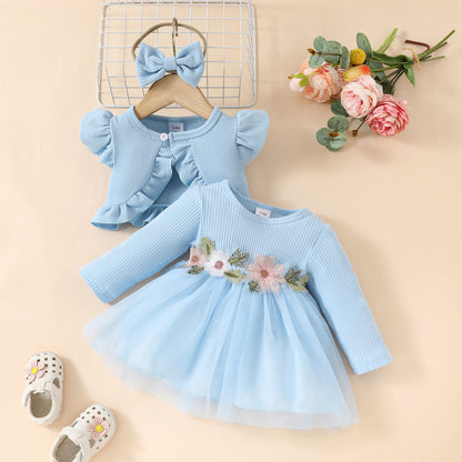 Toddler Girls Dress Set Sleeveless Ruffle Short Jacket + Long Sleeve Mesh Applique Dress