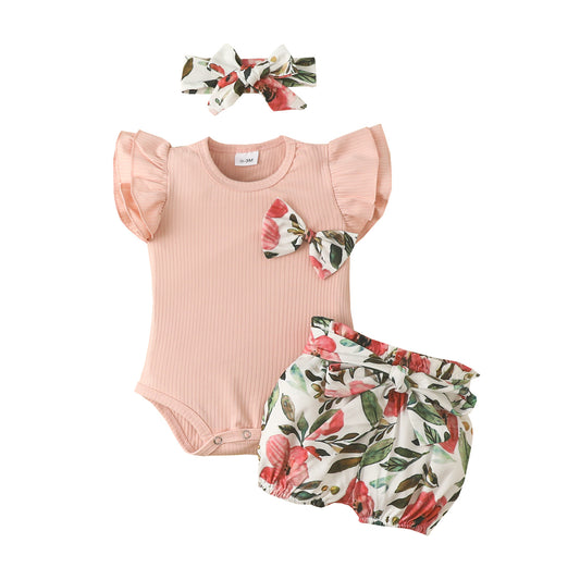 Cotton Short Sleeve Romper Elastic Pants Infant and Toddler Ribbon Bowknot Shorts Set