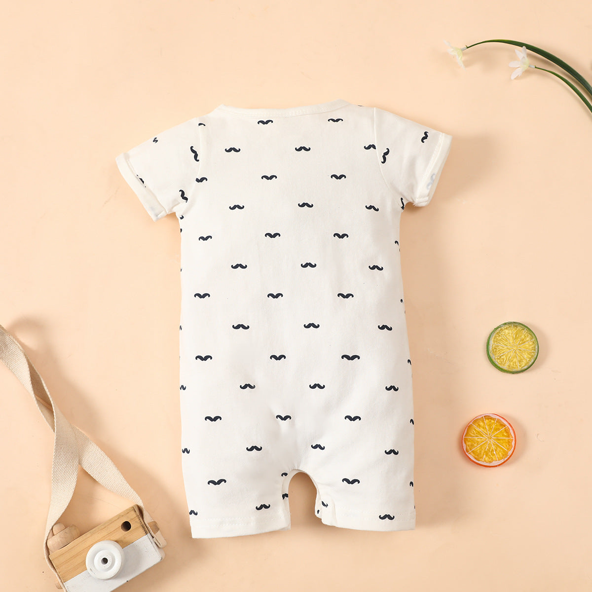 Summer baby bow tie short-sleeved romper original round neck cotton beard print short romper