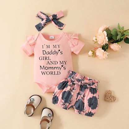 Baby Short Sleeve Triangle Romper Shorts Set Baby Girl Letter Summer Top Belt Flower Cute Pants