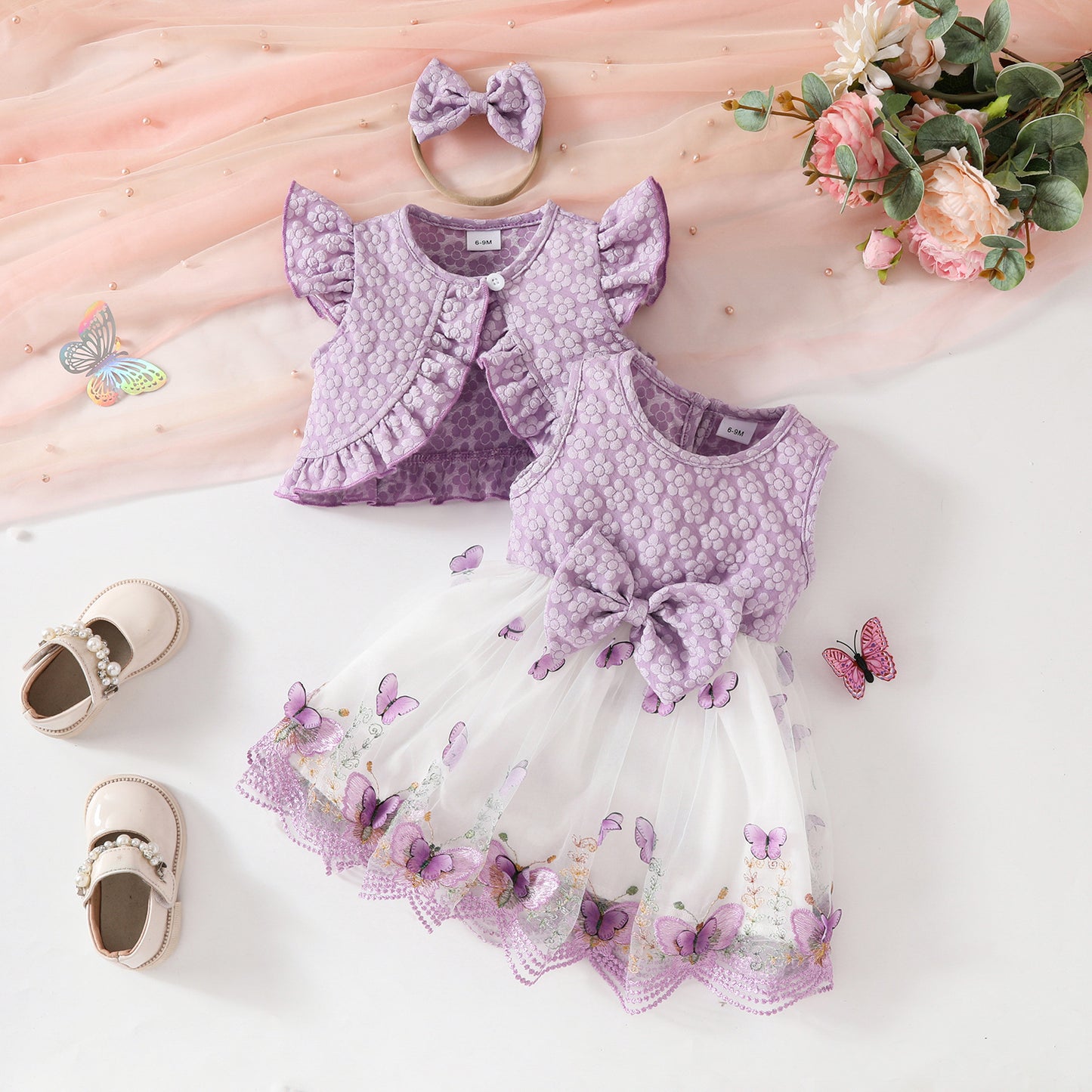 Summer sweet girl sleeveless short coat + vest butterfly mesh dress casual suit