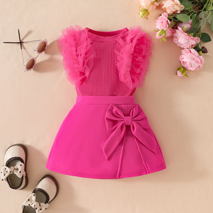 Girls baby sweet summer mesh striped sleeveless top solid color bow skirt suit