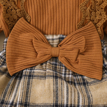Baby long-sleeved lace plaid triangle jumpsuit autumn and winter girl's ribbed bowknot jumpsuit