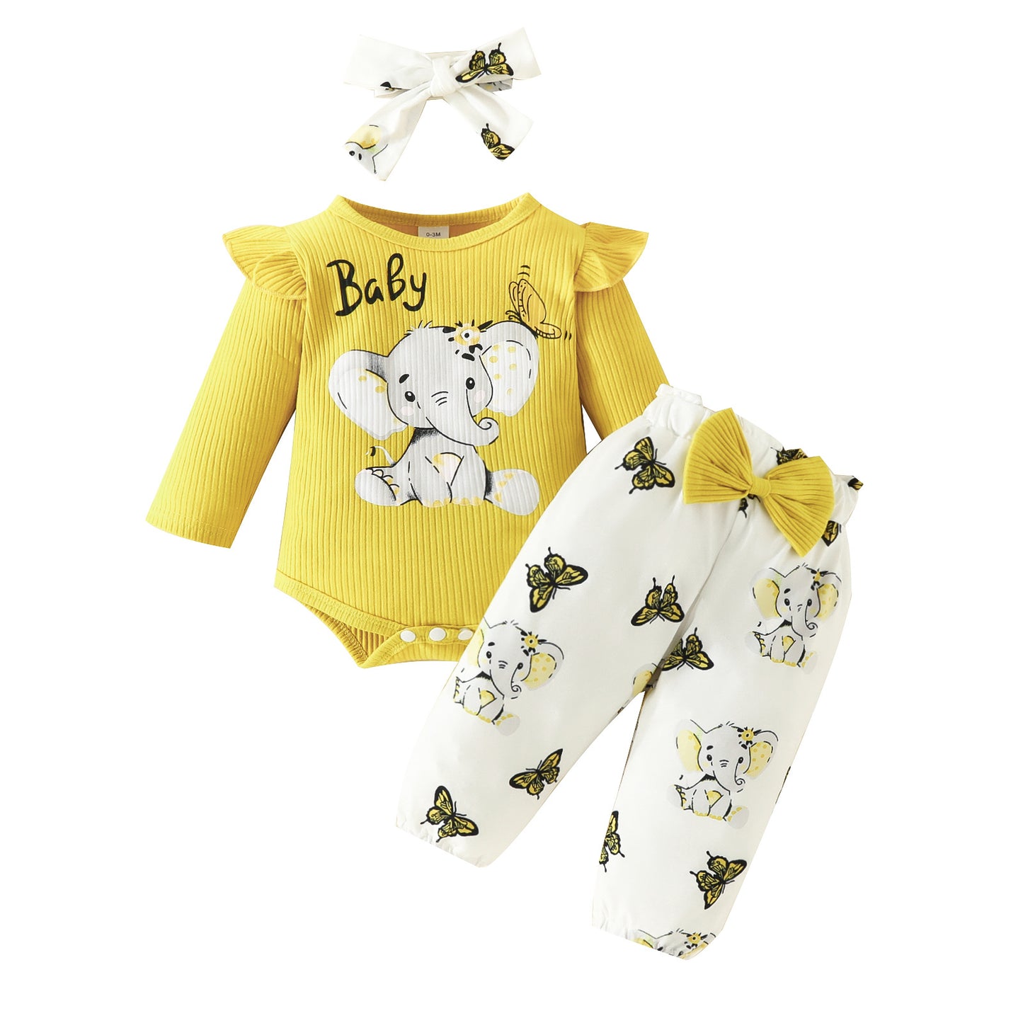Infant elephant letter long-sleeved triangle romper with bowknot trousers spring and autumn top butterfly elephant trousers